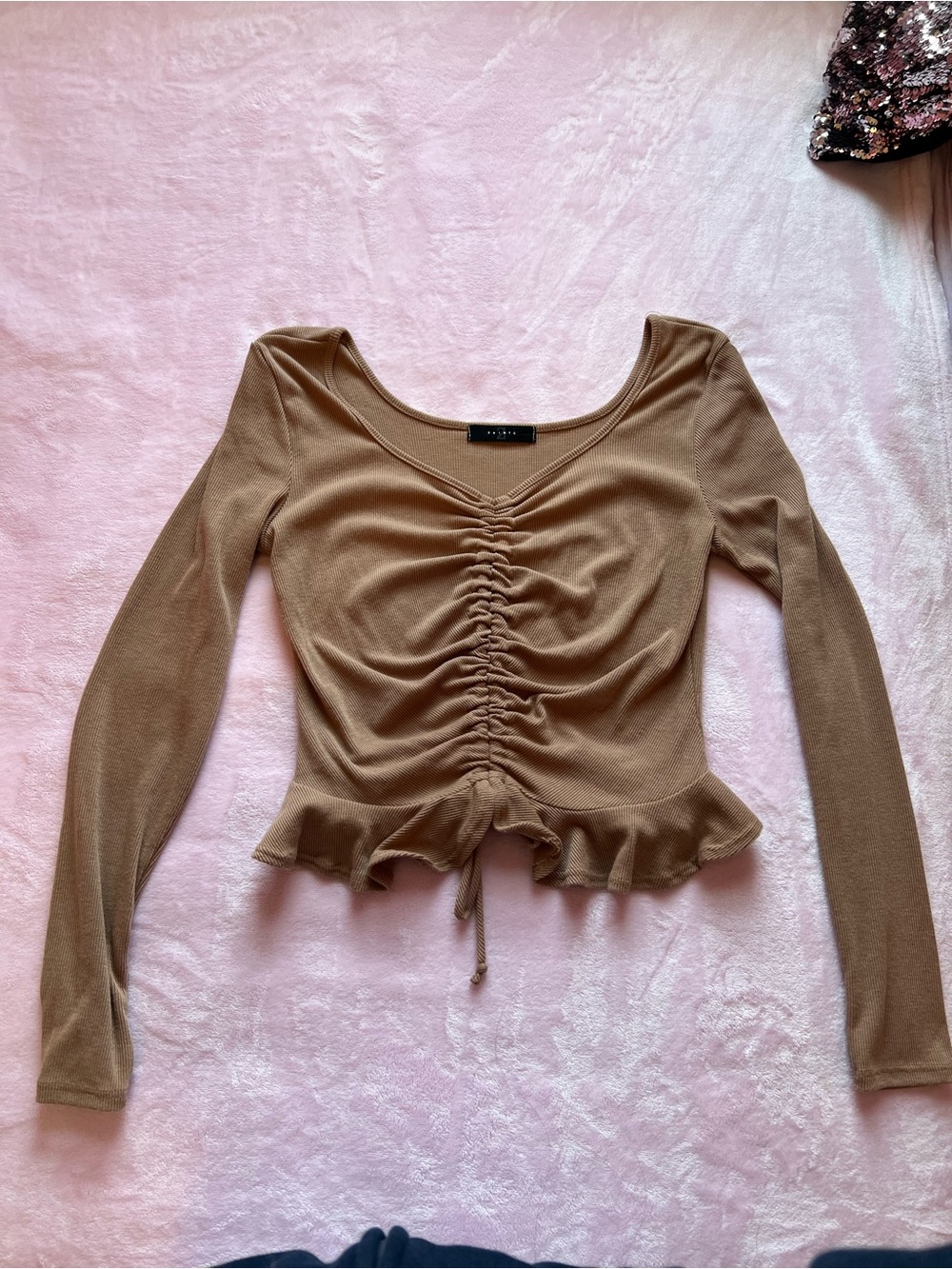 Ruched Drawstring Peplum Long Sleeve Top - Camel